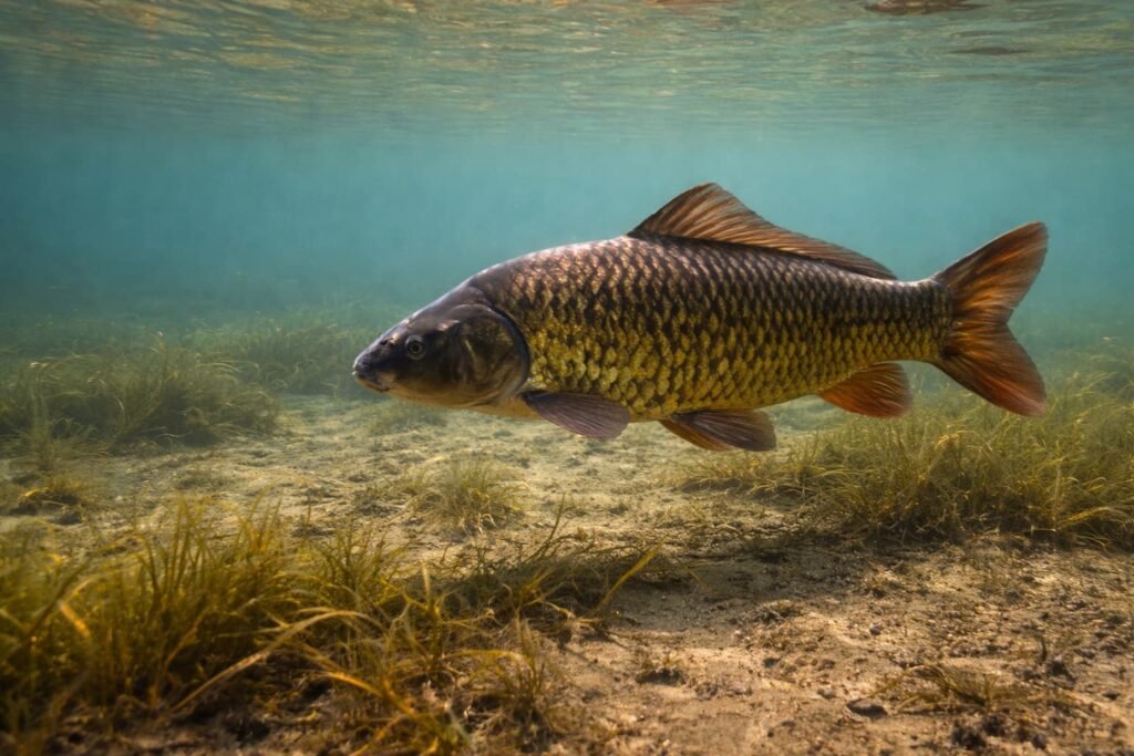 common carp feeding in shallow lake water