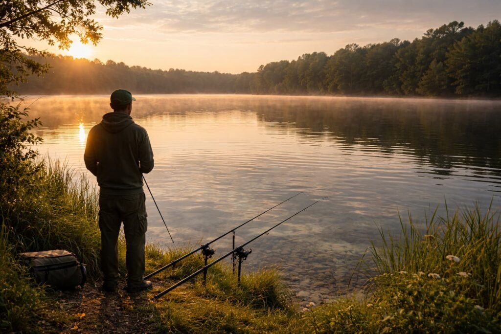 carp angler searching for fish on large lake