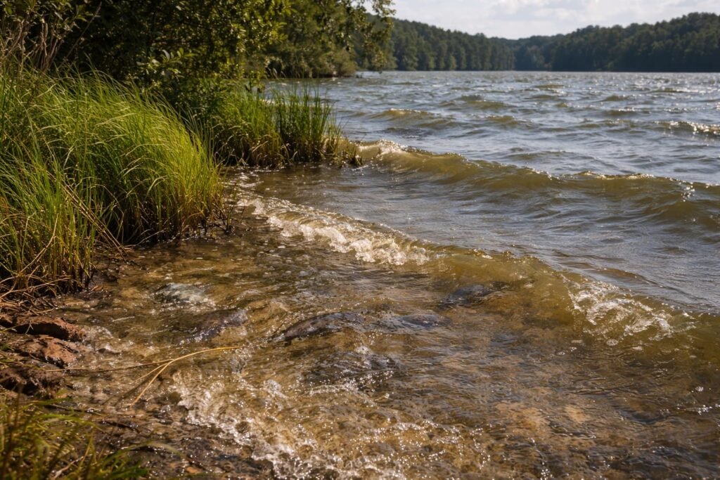 wind-blown shoreline carp feeding area