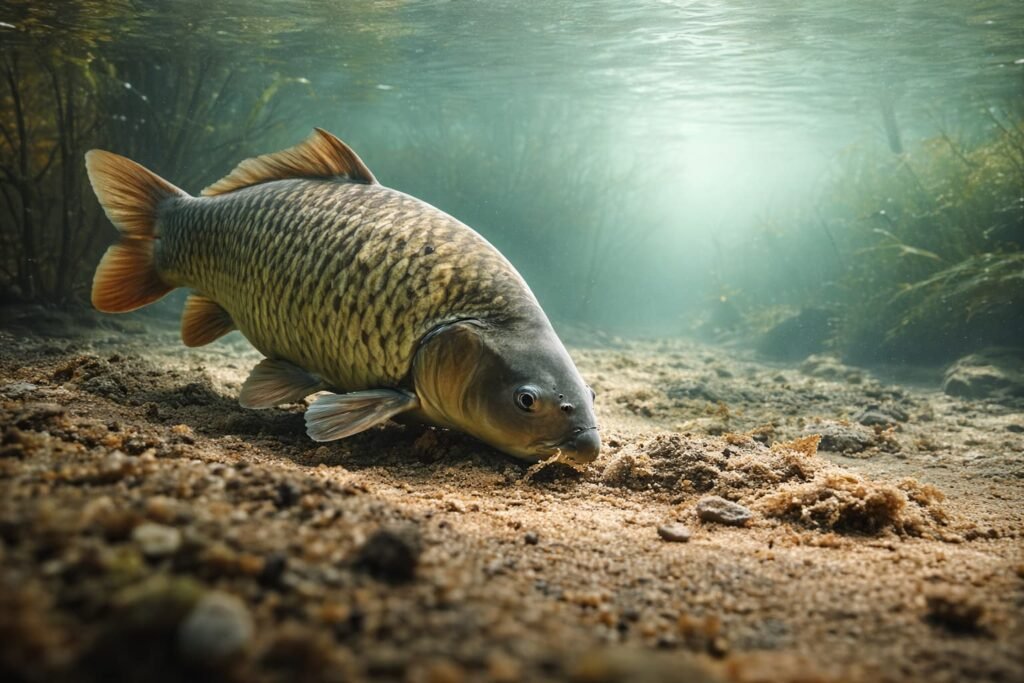 common carp searching lakebed for food underwater