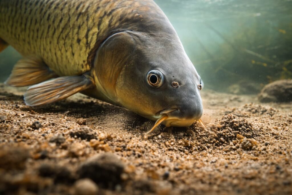 common carp using barbels to locate food in lake sediment