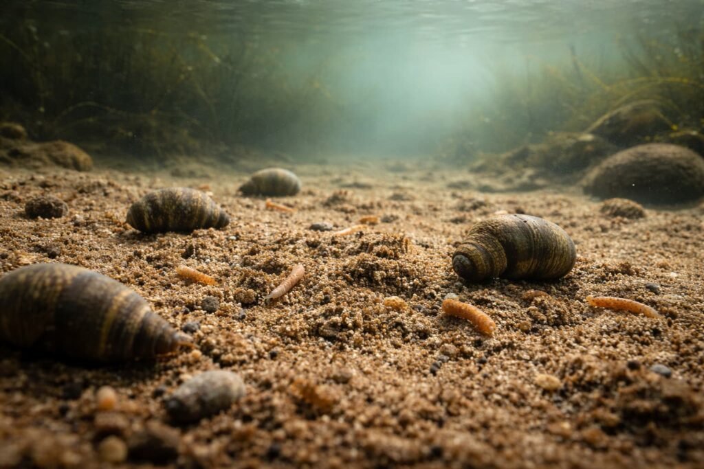 natural carp food sources on lakebed including snails and insect larvae