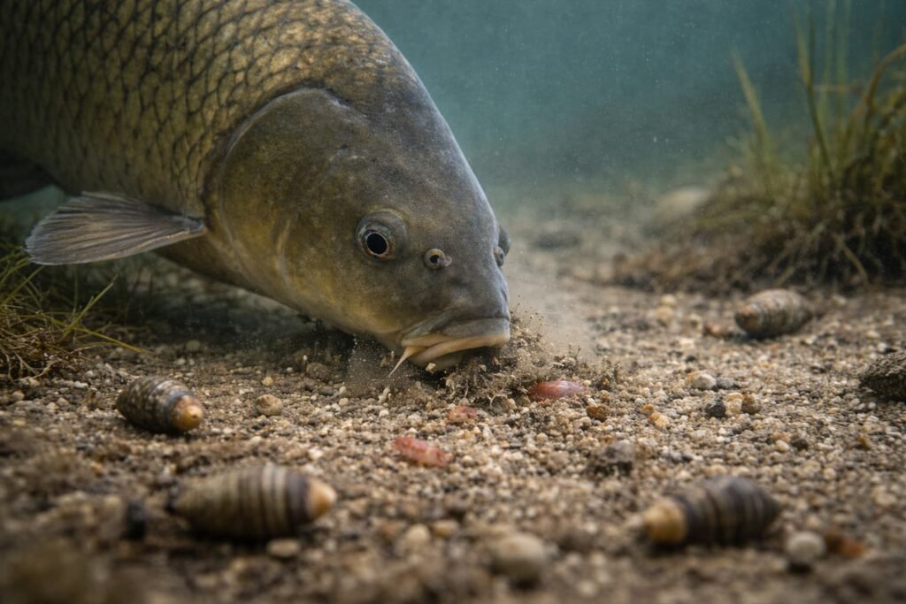Carp feeding over natural lakebed food in a silty lake