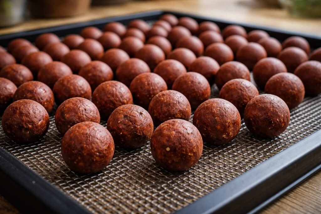 Homemade bloodworm-style carp boilies drying on a mesh tray.