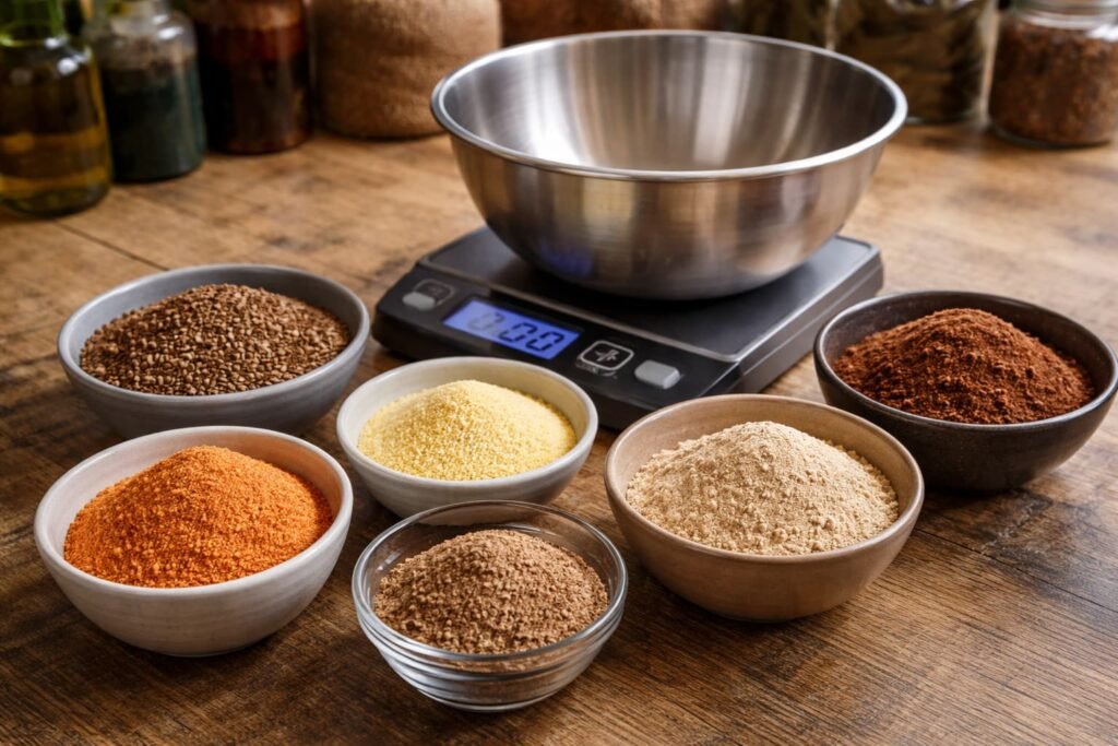 Carp boilie ingredients weighed out on a bait-making bench.