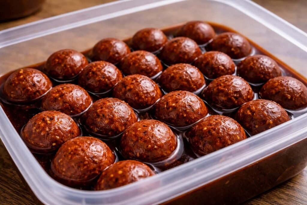 Finished carp boilies soaking in a bloodworm-style finishing glug.
