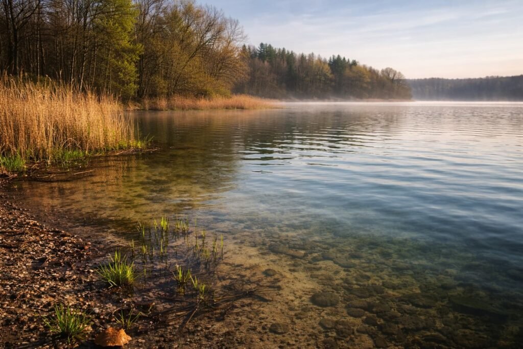 Early spring Michigan lake with warming shallows and deeper water