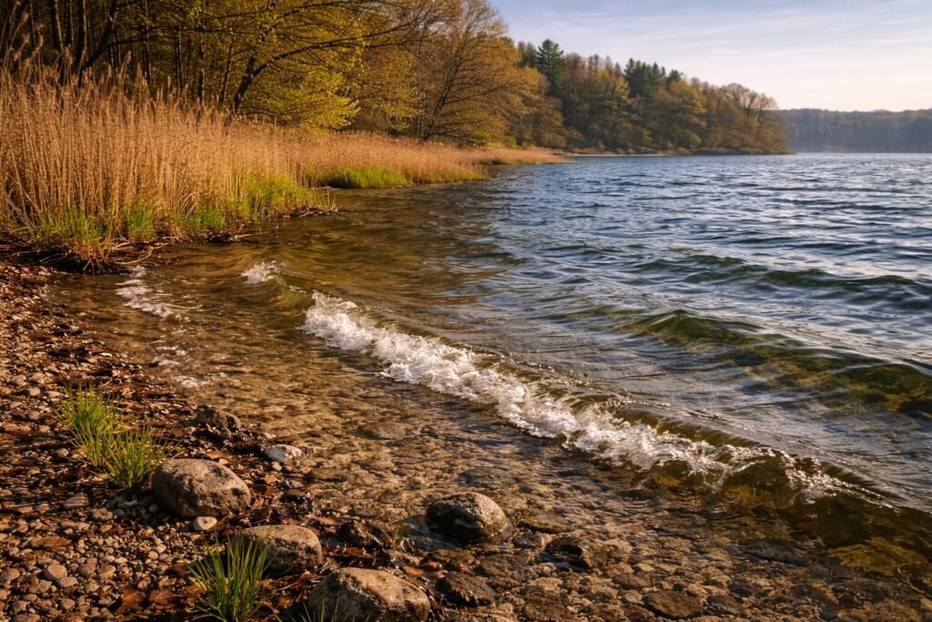 windblown shoreline on a natural lake with waves pushing toward a productive bank