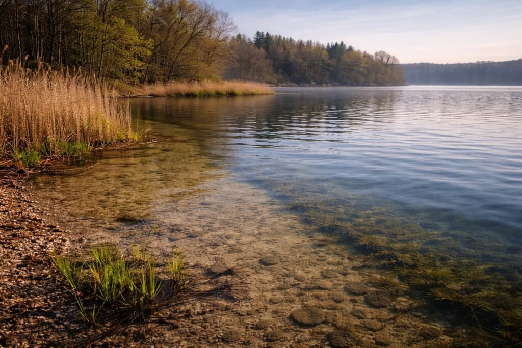 Michigan lake showing a shallow bay, weed edge, bar, and deeper water beyond,