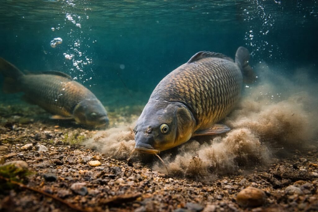 Carp feeding underwater disturbing silt and producing bubbles.