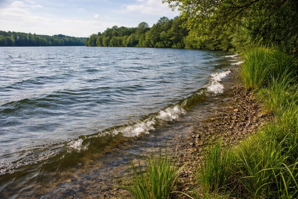 Wind pushing water toward bank