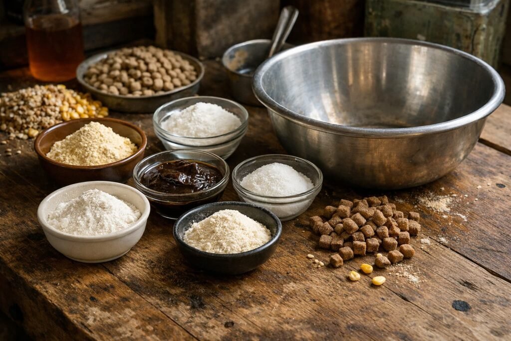 Carp bait ingredients and attractor powders laid out on a bait-making bench.