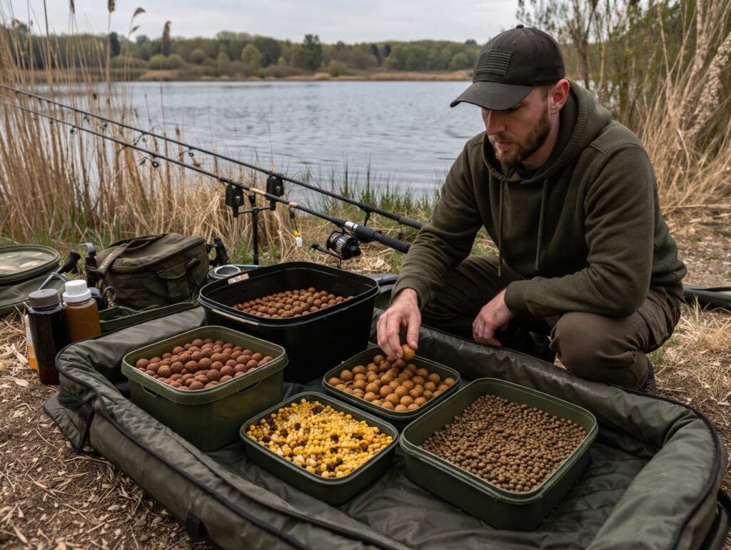 Carp angler preparing bait options beside a Michigan lake.