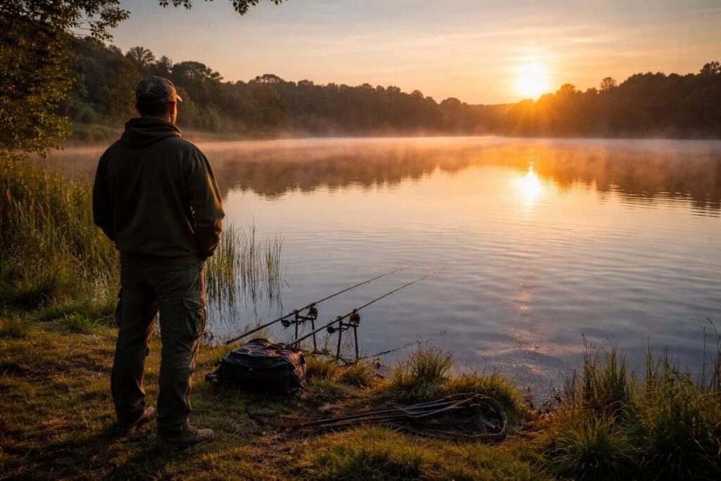Carp angler reading a lake at sunrise