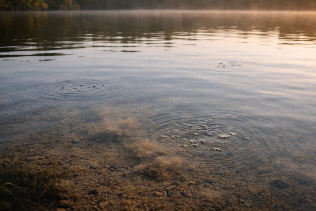 Carp feeding bubbles on lake surface