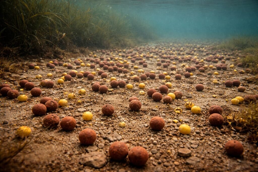 Overbaited carp fishing spot