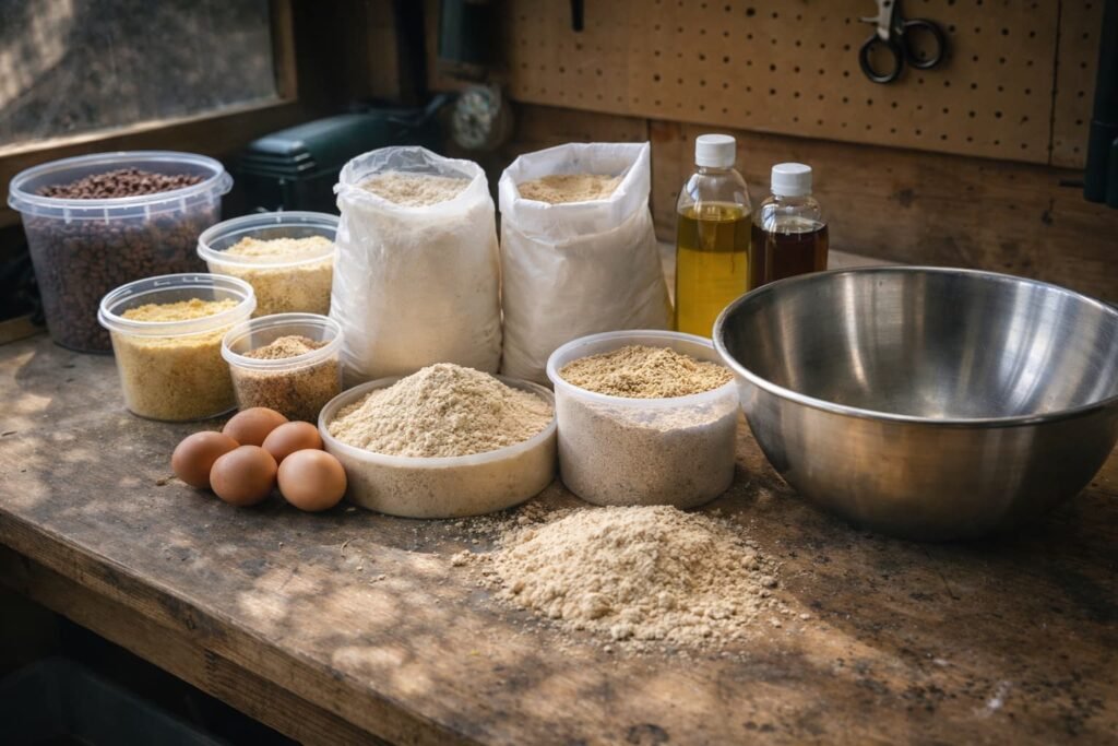 Carp bait ingredients used to build a digestible bait mix.