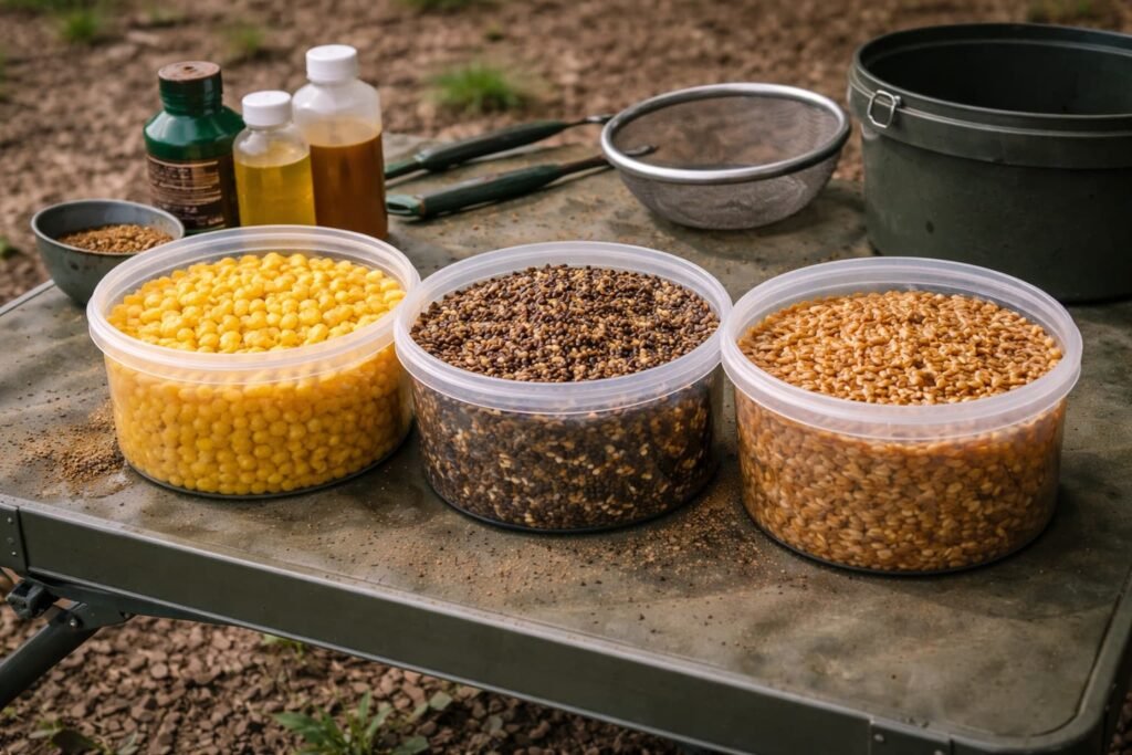 Properly prepared particle baits for carp fishing.