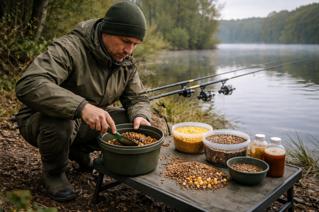 Carp angler preparing a restrained digestible bait approach beside a Michigan lake.