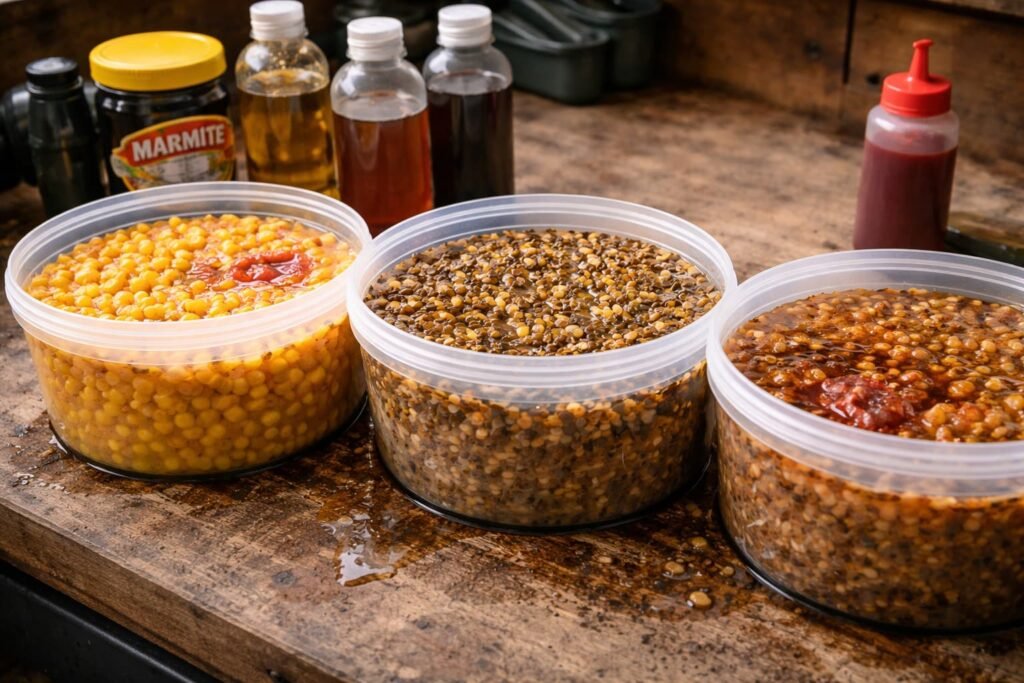 Carp bait ingredients being pre-treated before mixing.