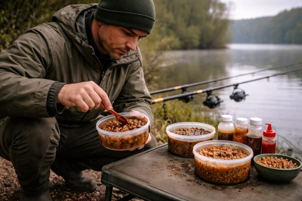 Carp angler preparing specialist treated bait beside a Michigan lake.