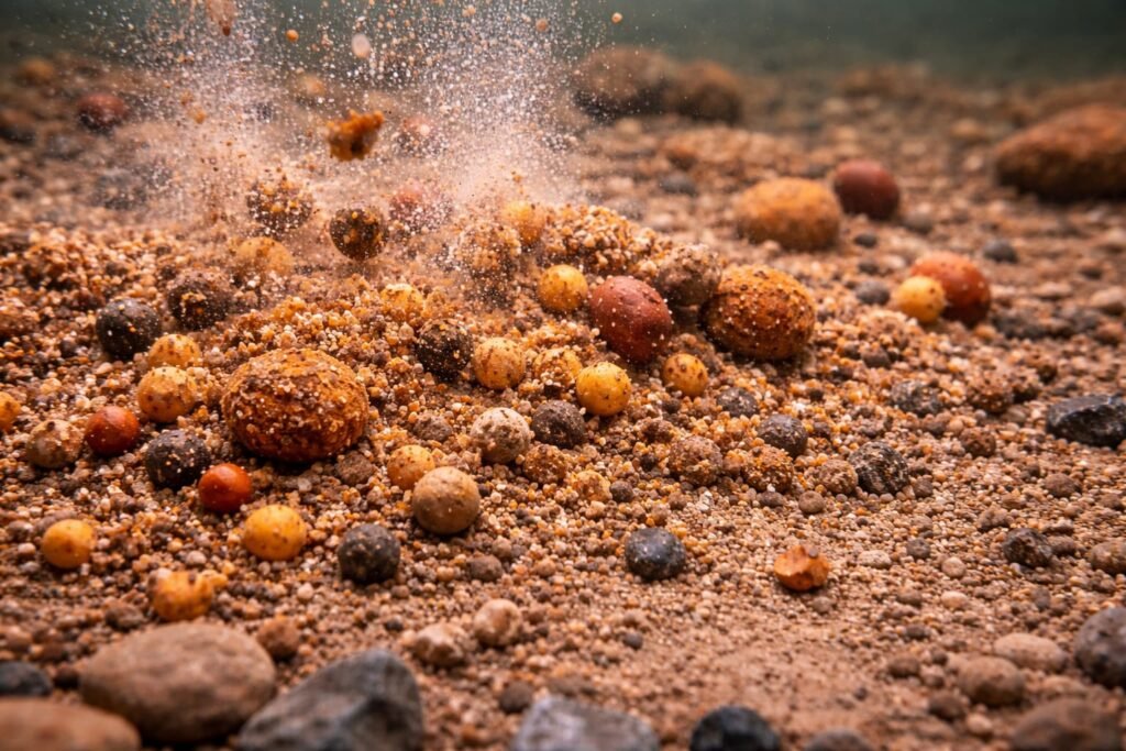 Carp bait breaking down and leaking food signals in shallow water.