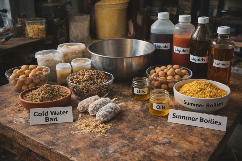 Seasonal carp bait options for cold water and warm water laid out on a bait bench.