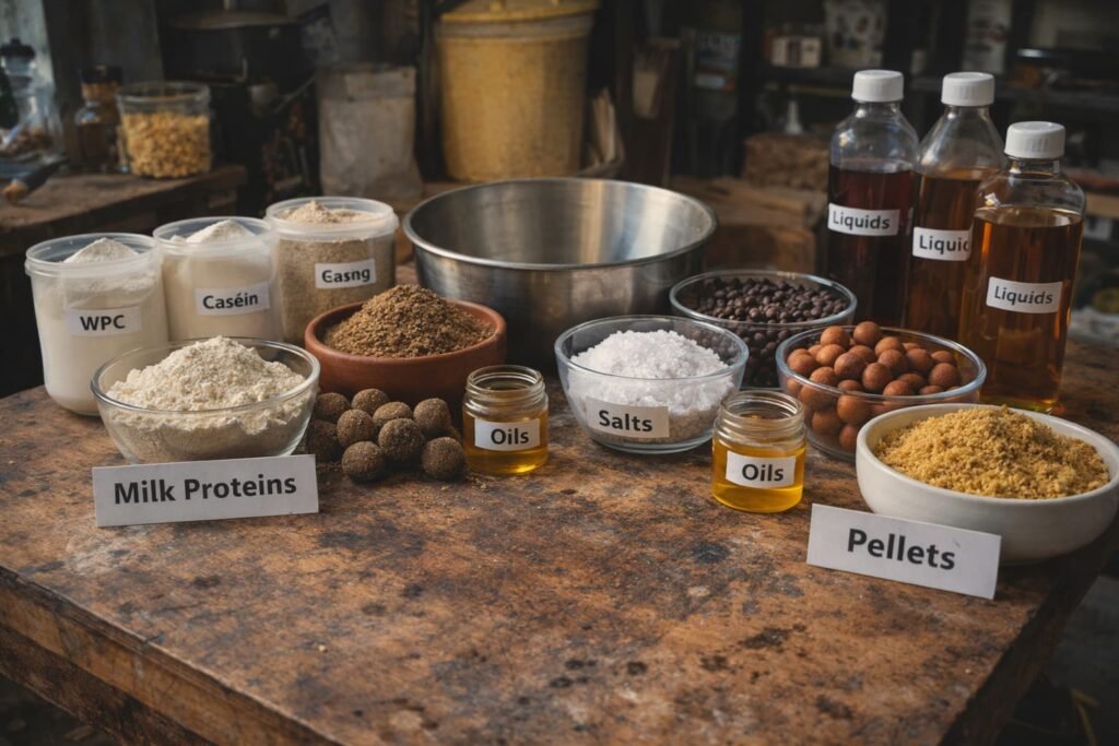 Carp bait ingredients laid out side by side for comparison.