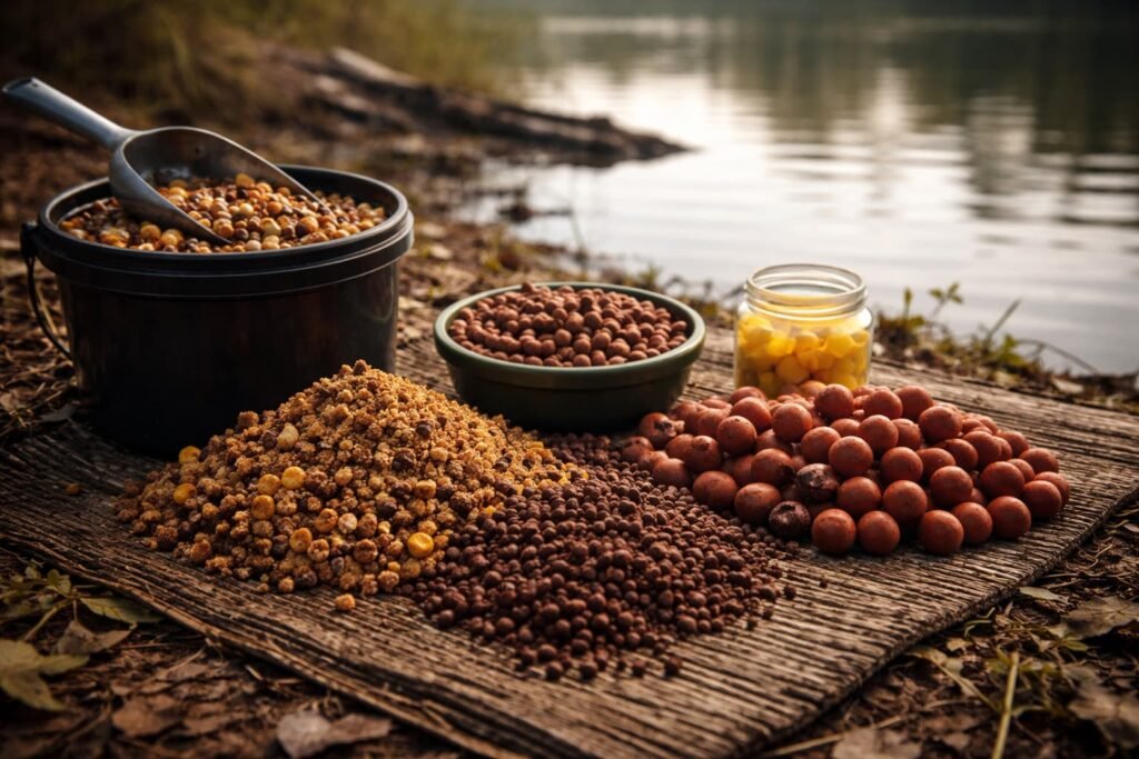 Digestible cold-water carp bait options beside a lake margin.