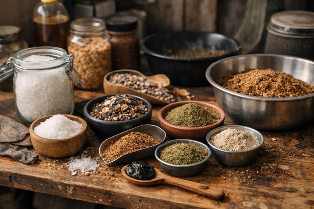 Bait-making essentials in a rustic workshop