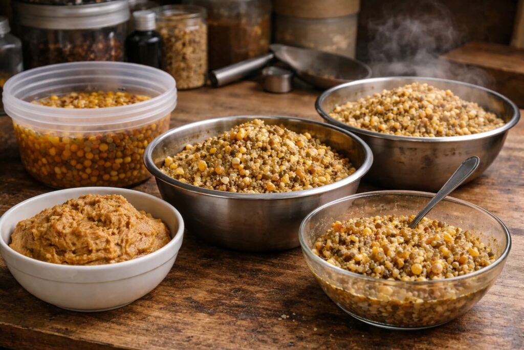 Soaked, cooked, and mixed bait ingredients prepared for carp bait making