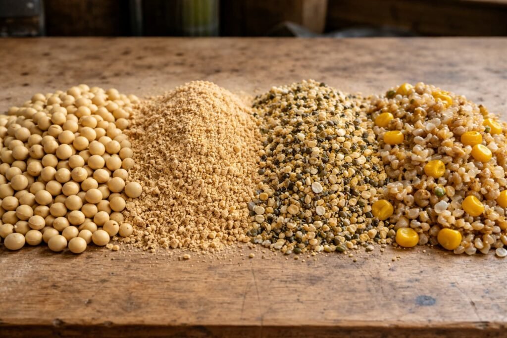 Raw soy, processed soy meal, and prepared grains for carp bait comparison