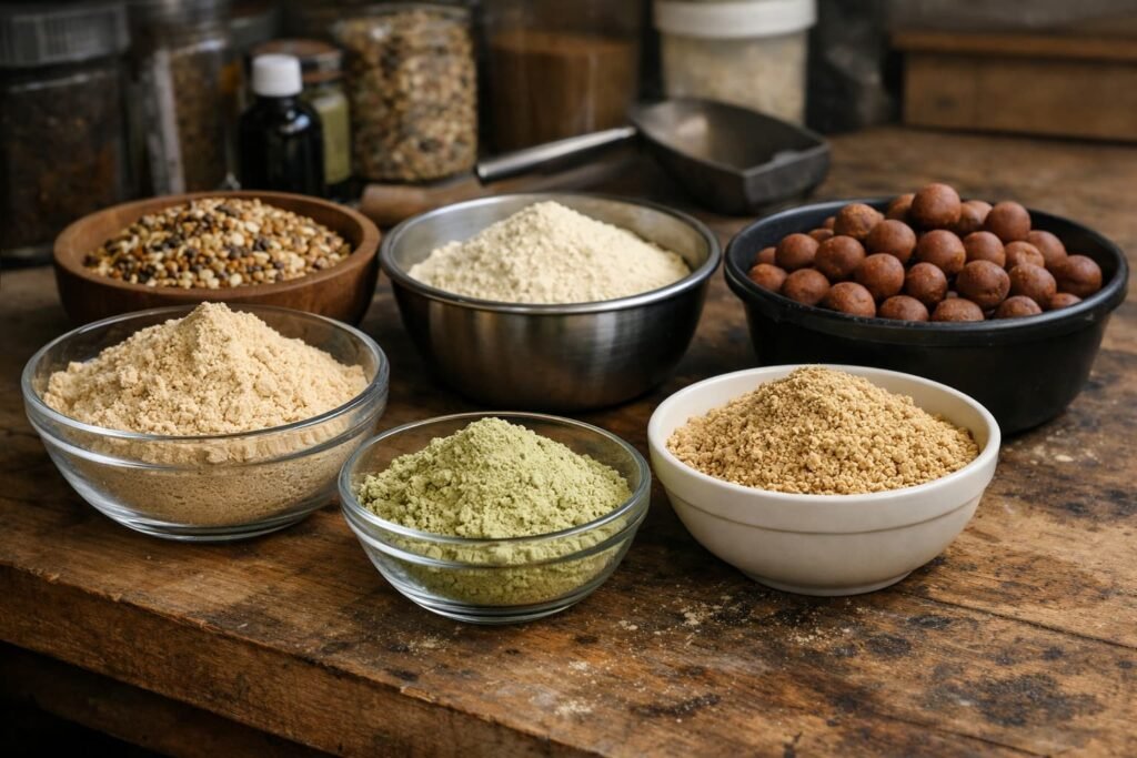 Carp bait ingredients showing plant flours and refined bait powders on a mixing bench