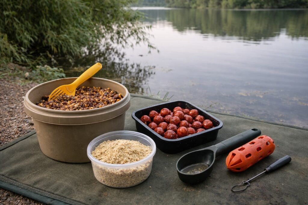 Michigan carp baiting setup with prepared particles and hookbaits by the water
