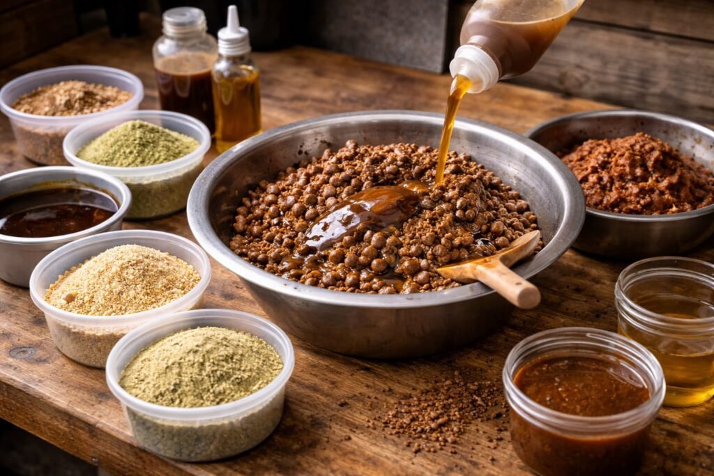 Paste and active bait ingredients being mixed on a carp bait bench