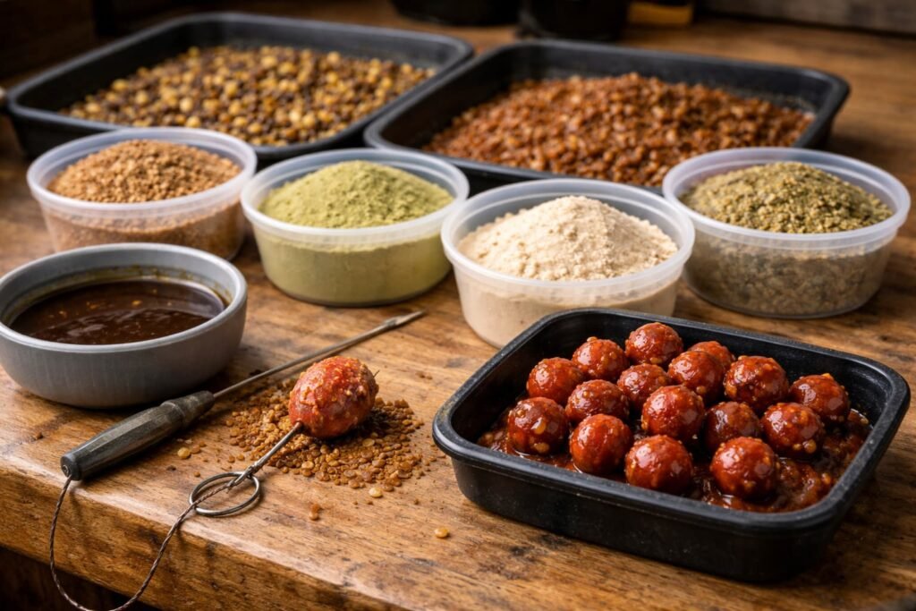 Plant-based bait ingredients and treated hookbaits prepared on a bait bench