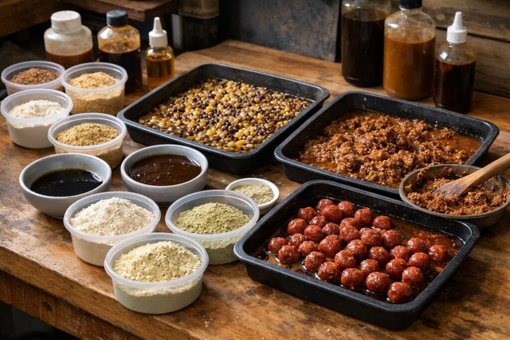 Specialist bait-treatment powders and liquids on a carp bait bench
