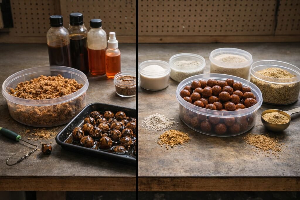 Soluble and nutritional carp bait approaches shown side by side on a bait bench