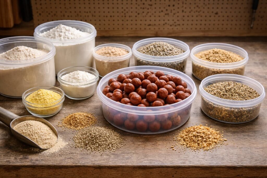 Balanced carp bait ingredients and finished boilies showing a nutritional bait approach