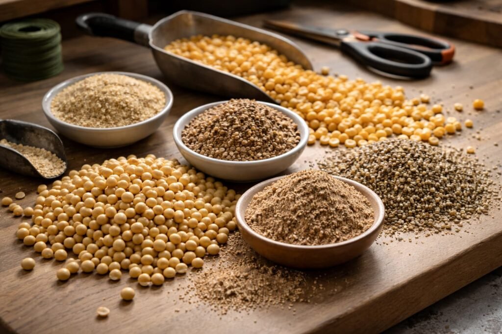 Raw soy, grains, and seed meals before processing for carp bait use