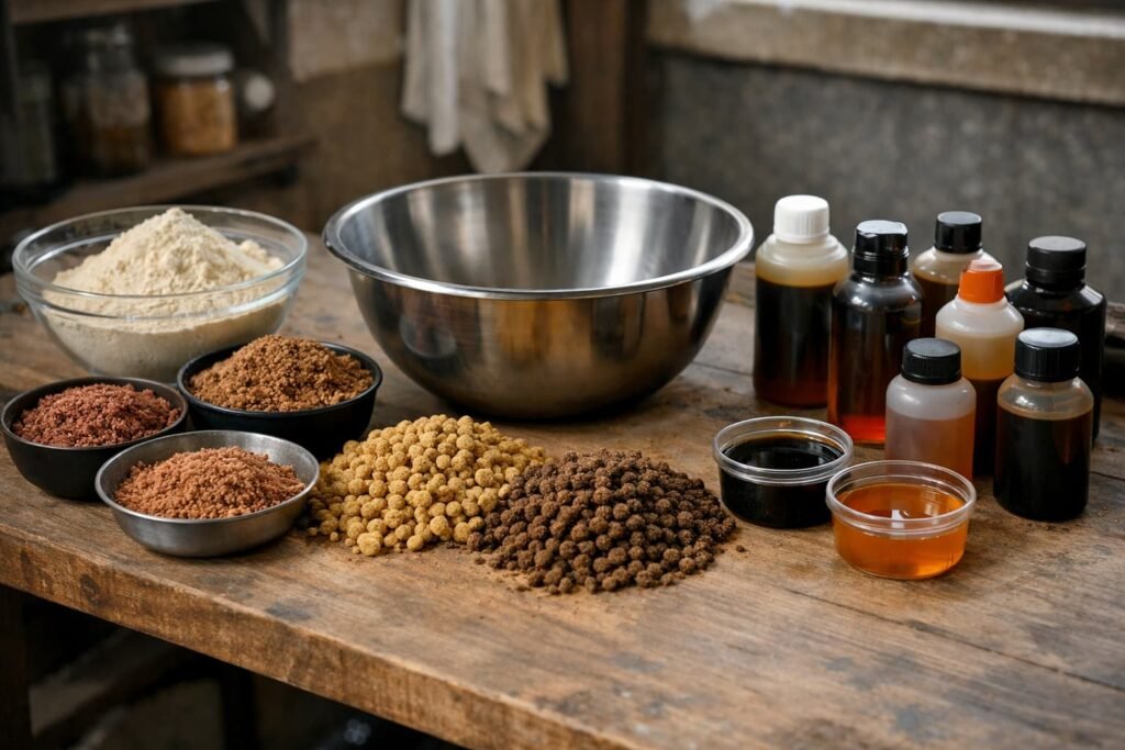 Carp bait ingredients and liquid attractants arranged on a clean bait-making bench.