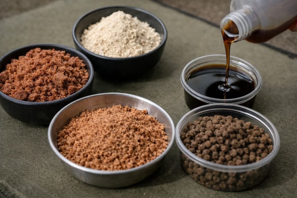 Different carp bait attractant ingredients shown in a clean close-up preparation scene.