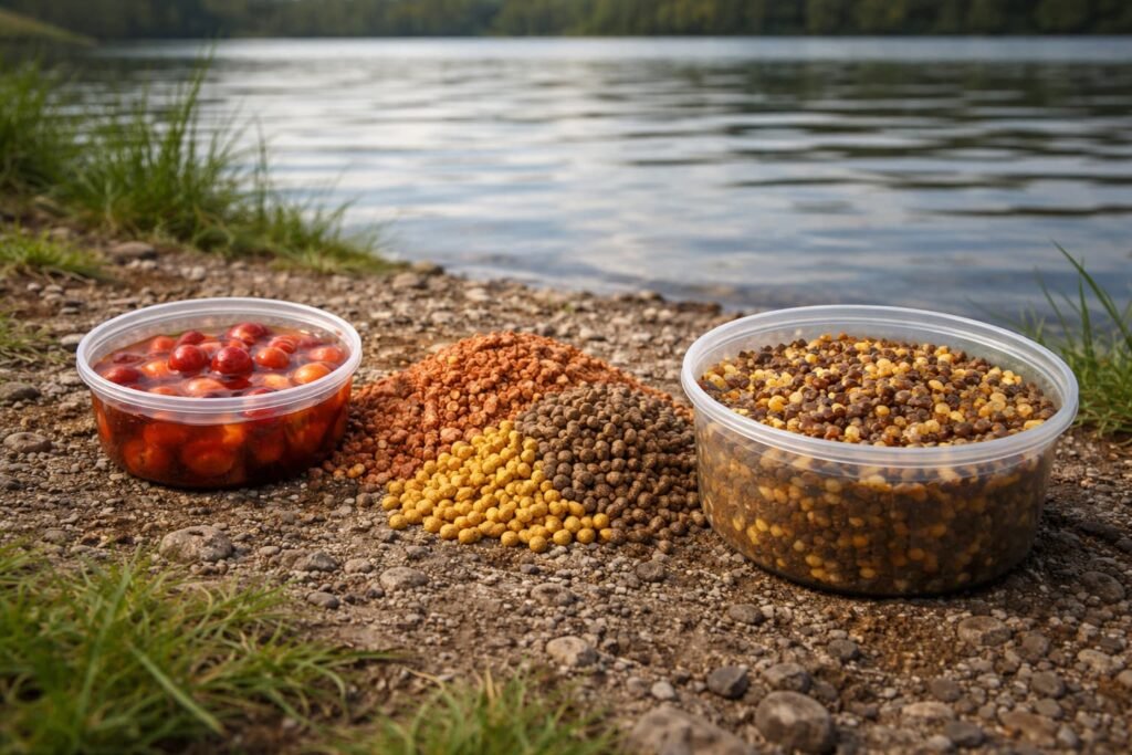 **Alt text:** Treated hookbaits, crumb, pellets, and particles prepared for a Michigan carp session.