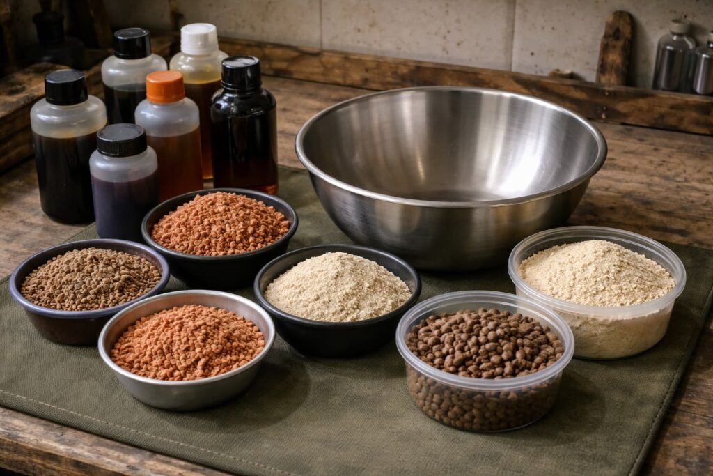 Hydrolysate liquids and carp bait ingredients arranged on a bait-making bench.