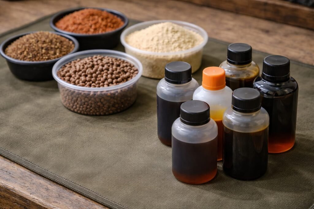 Unbranded hydrolysate-style bait liquids beside carp bait ingredients.