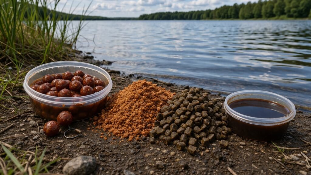 Treated hookbaits and crumb mix prepared with hydrolysate-style bait liquid on a Michigan lake margin.