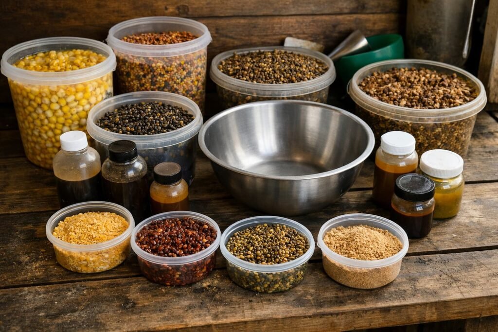 Fermented particles and liquid bait ingredients prepared on a carp bait bench.