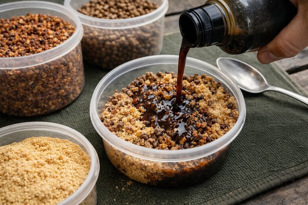 Active carp stick mix made with crumb, pellets, and savoury liquid food additives.