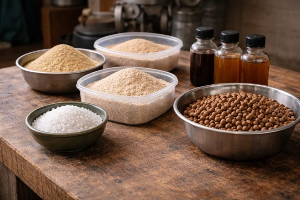 Salt, powders, pellets, and savoury bait liquids on a clean bait bench.