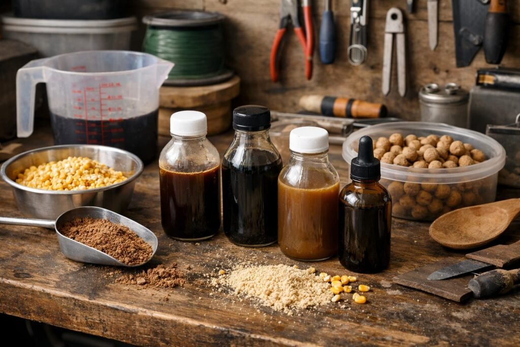 Homemade carp bait liquids on a bait-making bench ready for mixing.